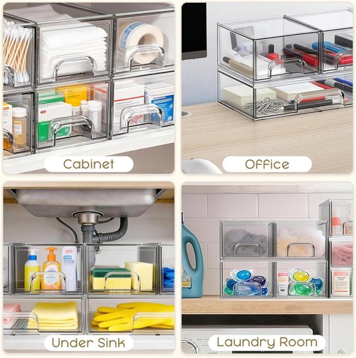 Criusia Stackable Storage Drawers - 3 Pack Clear Acrylic Makeup Organizer for Vanity & Kitchen Cabinets