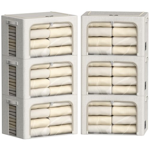 FHSQX 6 Pack Clothes Storage Bins with Metal Frame Foldable Storage Bins for Clothes Linen Fabric Storage Box with Clear Window (Lvory White, 15.7x11.8x7.8inch(22L))