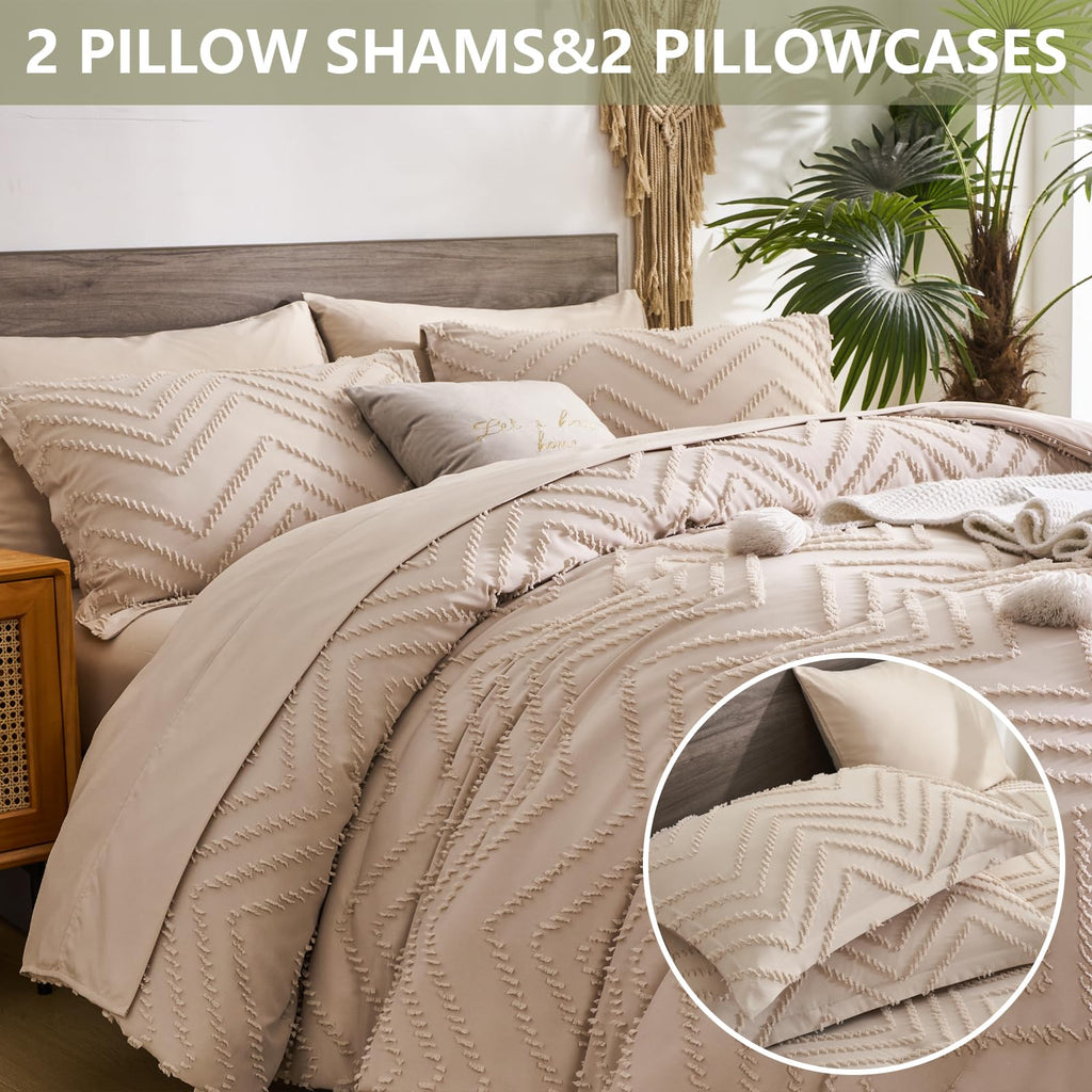 FLYMME Khaki Queen Comforter Set with Sheets,Tufted Bed in a Bag 7 Pieces, Chevron Boho Shabby Chic Farmhouse Bedding Set,Soft Microfiber Comforter for All Season（Khaki,90”*90”）