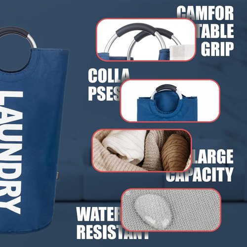 Caroeas 100L Laundry Basket - Large Collapsible Hamper with Padded Handles | Navy Blue