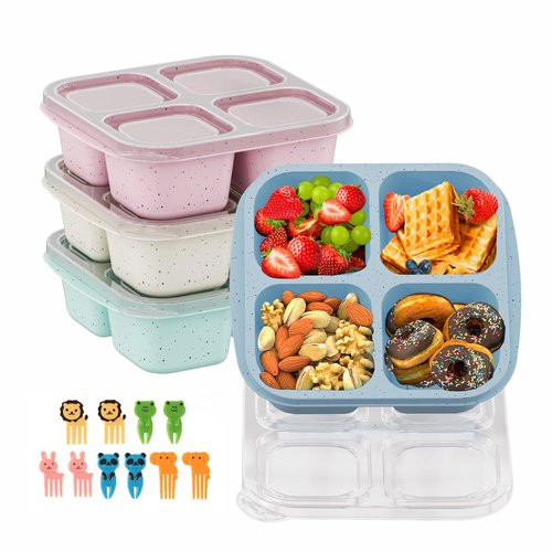 CIGENBON Bento Snack Boxes 4 Pack, Reusable Bento Boxes Kids with 4 Compartments & Fork, Lunch Snack Containers for Kids Adults, Divided Food Storage Containers for School Work Travel (Wheat)