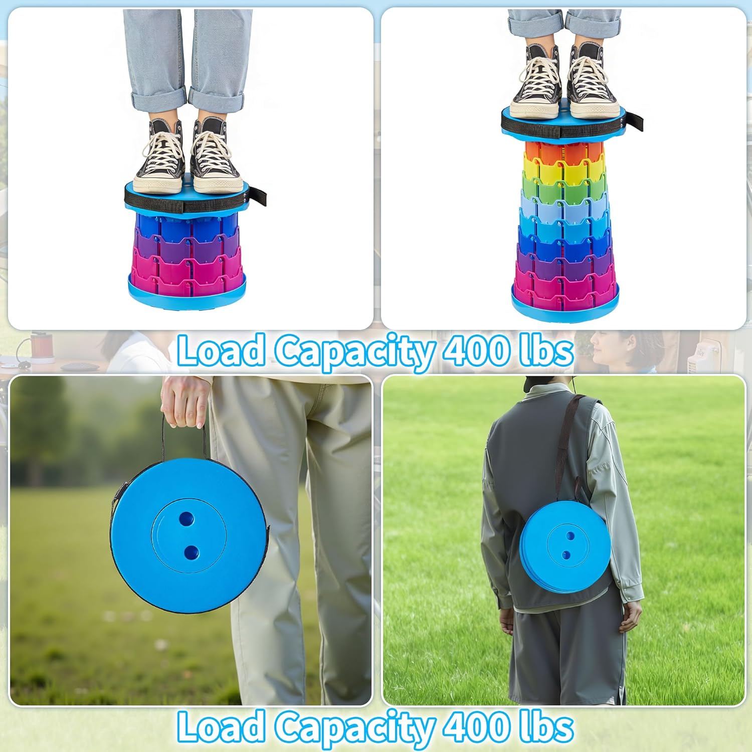 VECELO Telescoping Folding Stool - Upgraded Portable Retractable Design | 400lbs Capacity, Rainbow Blue