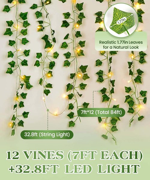 KASZOO Artificial Ivy Garland - 84Ft 12 Pack with 80 LED String Lights | Perfect for Home, Garden, Wedding Decor