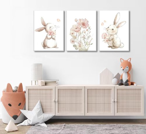 Grengel Pink Girl Nursery Bunny Canvas Wall Art - Cute Rabbit & Wildflowers Decor for Baby Rooms