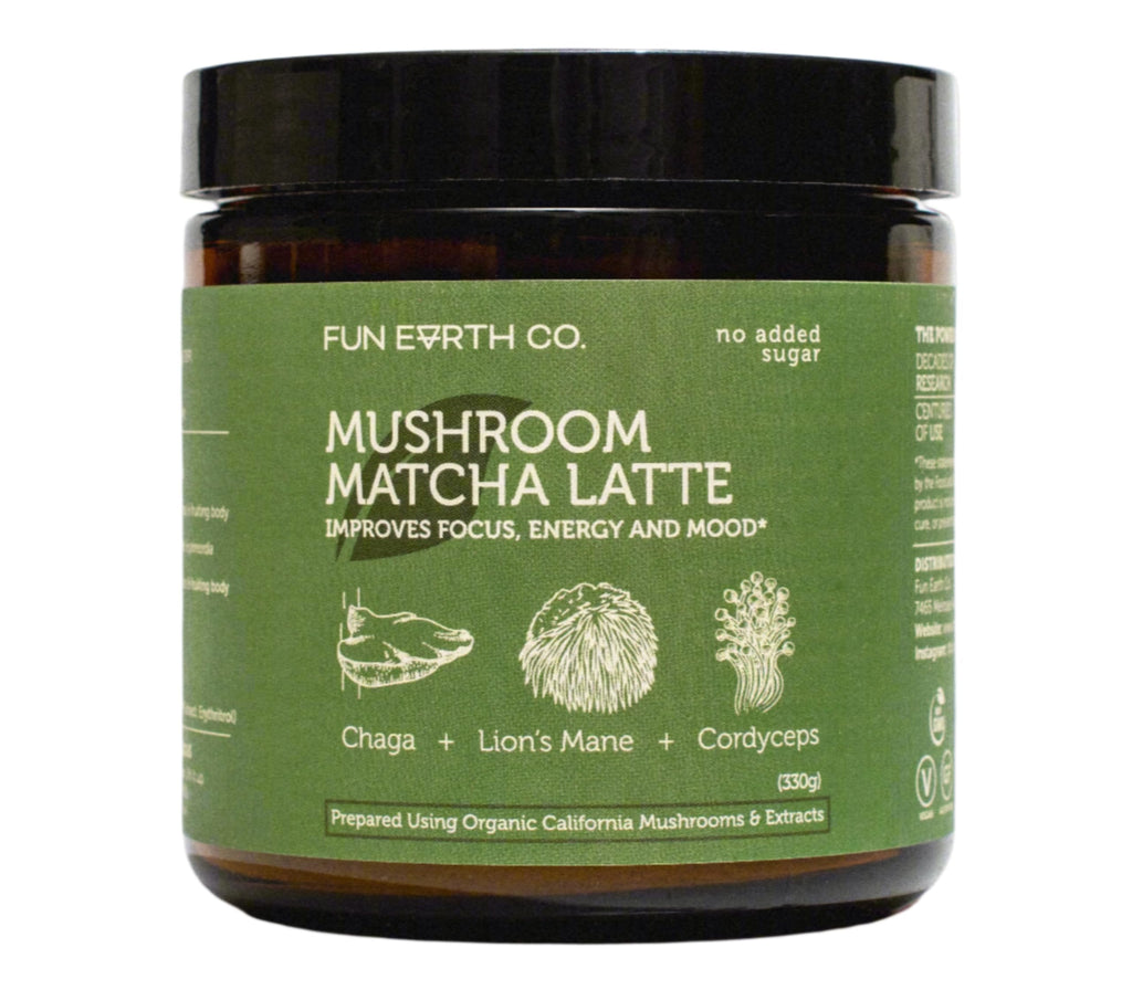 Fun Earth Matcha Mushroom Latte | Mushroom Supplement | Lion's Mane Chaga Cordyceps | Vanilla Strawberry | 30 Servings | Ceremonial Grade Matcha