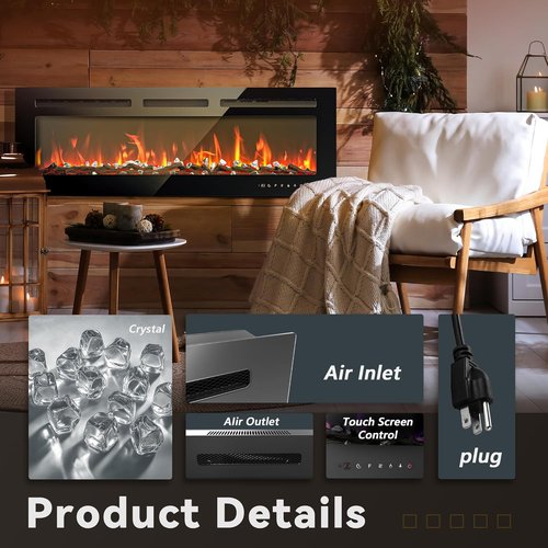 EUHOMY Electric Fireplace - 50 Inch Wall-Mounted with Adjustable Flame Color & Remote Control | Linear Design, Timer, Touch Screen