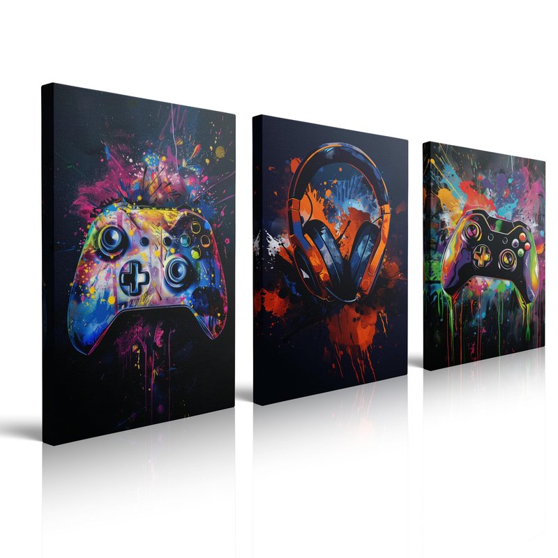 Stylish Gaming Room Decor For Boys - Cool 3pc Canvas Wall Art With Graffiti & Neon Vibes - Perfect Gamer Wall Decor For Teens, Men & Gamers - Awesome Gifts For Bedroom, Desk Or Bathroom Ready To Hang (16"x24"x3PCS)