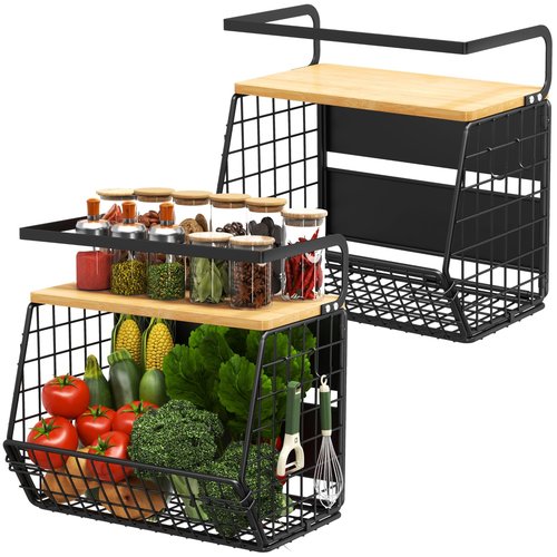 DecruKaltiz Magnetic Shelf for Fridge with Bamboo Lid,Fruit Vegetable Potato and Onion Wire Basket, Refrigerator Magnetic Spice Rack for Countertops, Cabinets, Laundry Rooms and RVs (Black, 2 Pack)