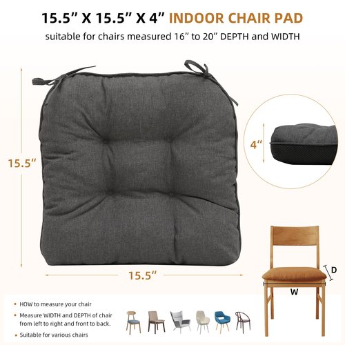 RACE LEAF Indoor Chair Cushions 4 Pack, Tufted Memory Foam Dining Room Chair Pads with Ties and Non-Slip Backing, Kitchen Seat Cushions 15.5" X 15.5" Dark Gray