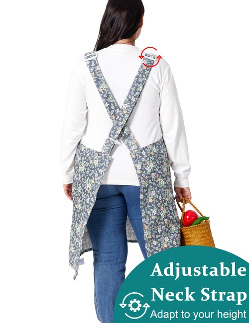 VIKIDEER Comfortable Huge Plus Size Aprons for Women Adjustable Cross Back Floral Cotton Linen Aprons Beggarticks