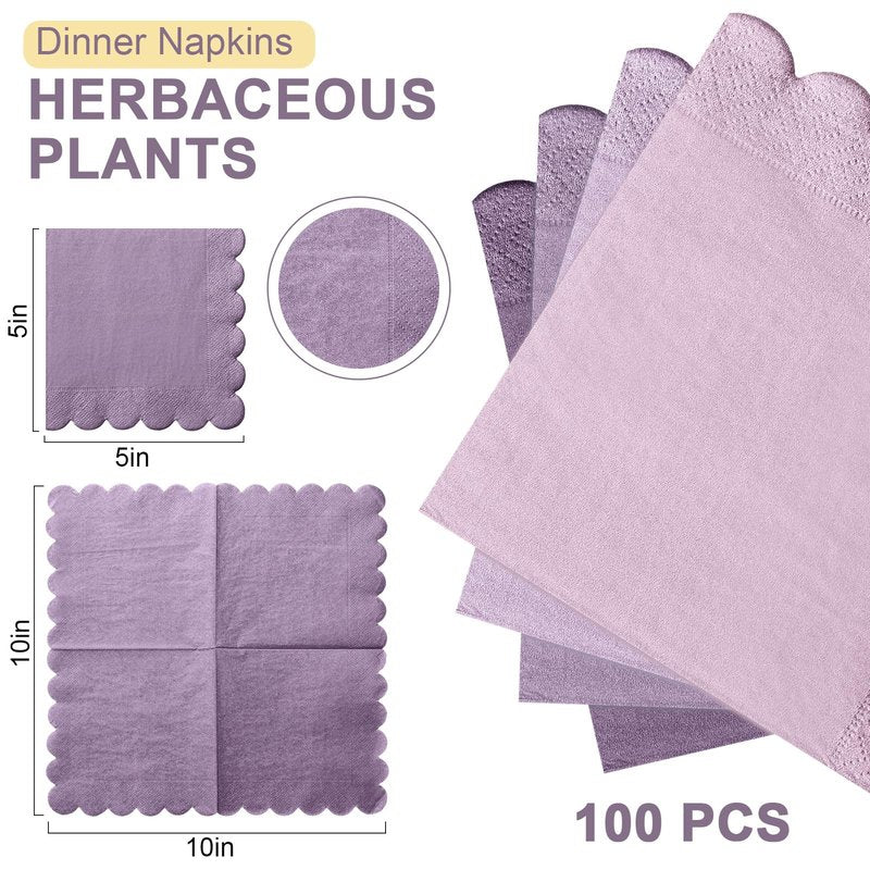 Zhanmai 100 Pack Cocktail Napkins 5 x 5 Inch Scalloped Napkins Beverage Gradient Color Paper with Scalloped Edges Thick Disposable Luncheon for Party Supplies (Purple)
