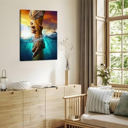 Framed Jesus Canvas Wall Art - The Hand of God Reaching Into Water | Blue Ocean Religious Decor 12x16 Inch