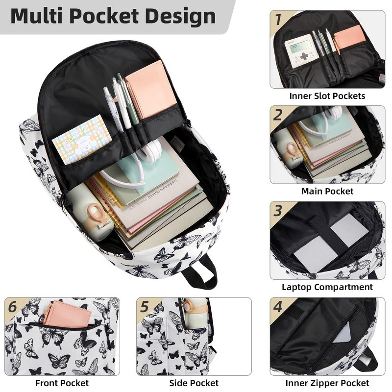 Unineovo Backpack for Teen Girls, Kids Butterfly School Bookbag Set, Lightweight Middle High School Bags with Lunch Box and Pencil Case, College Student Laptop Bag, Women Travel Daypack
