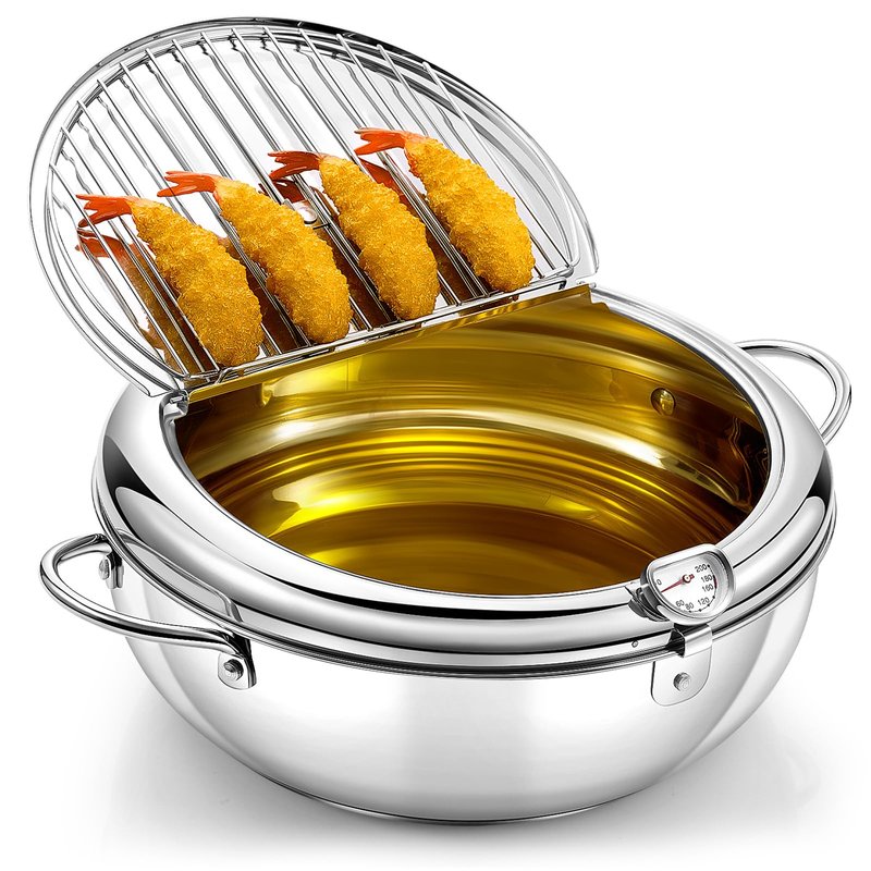 Reallnaive 3.6 Qt (3.4 L) Deep Fryer Pot 304 Stainless Steel Tempura Frying Pot with Lid and Oil Drain Rack Japanese Deep Fryer Pan with Temperature Control for Kitchen French Fries, Chicken