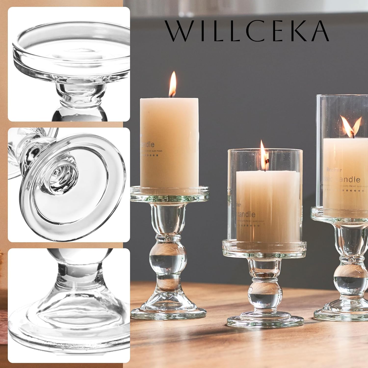 Skiennix Clear Candle Holders - Elegant Glass Pillar Set for Taper Candles | 3 Pieces