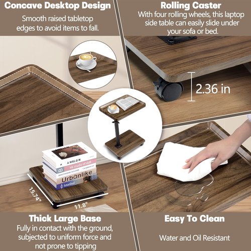 Aoligrace C Table End Table Adjustable Height, 360° Swivel Side Table with Wheels, Small TV Tray Table for Living Room Bedroom, Couch Tables That Slide Under for Sofa Bed Chair