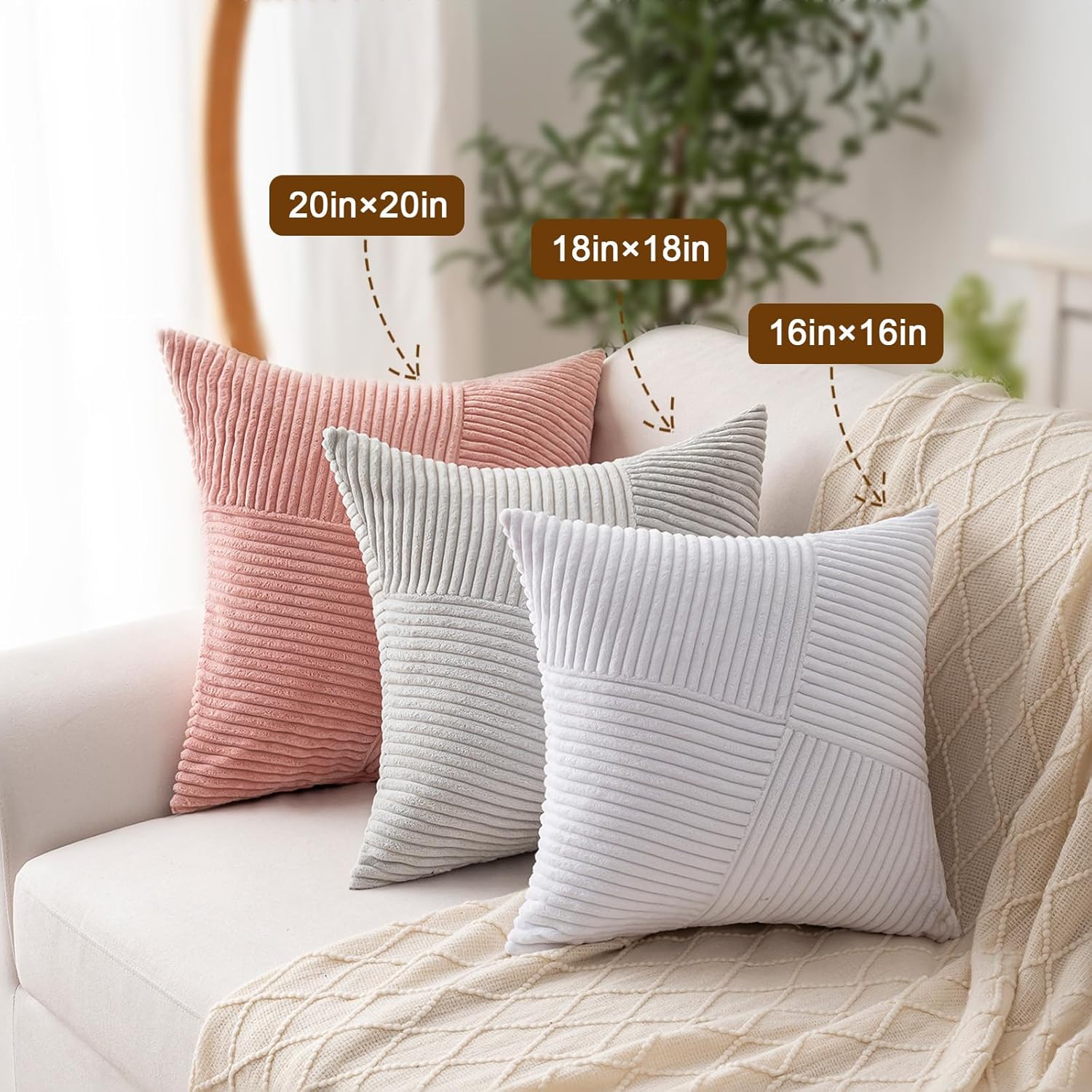 Skiennix Decorative Throw Pillow Covers - Soft Corduroy Striped Patchwork | 18x18 Inch Set of 2 for Boho Farmhouse Decor