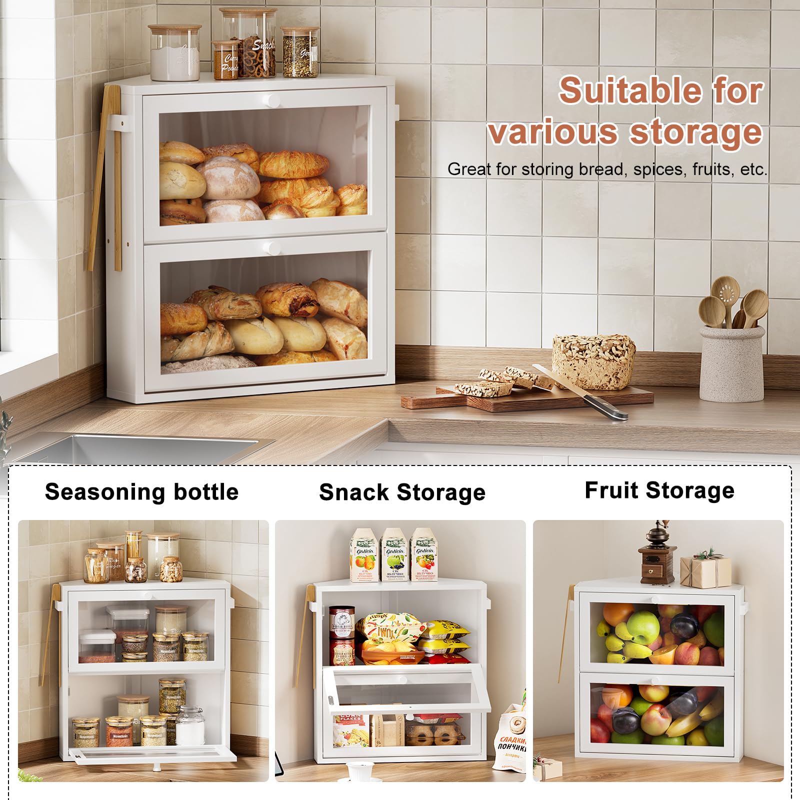 WOWLIVE Corner Bread Box for Kitchen Countertop, Large Double Layer Bread Storage Container for Homemade Bread, Black Bread Holder for Kitchen Counter, Under Cabinet Organizer (White, Extra Large)