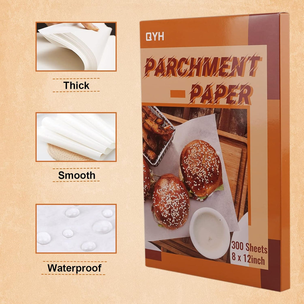QYH Parchment Paper Baking Sheets - 300 Non-Stick, Pre-Cut 8x12 Inch White Sheets for Baking & Grilling
