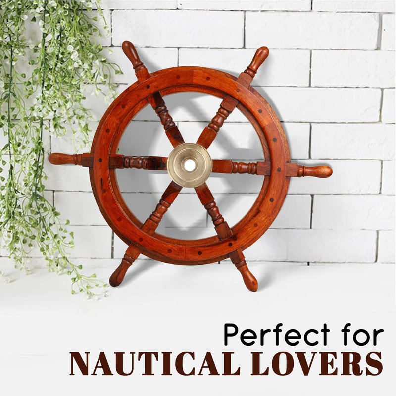 Bhartiya Handicrafts Nautical Ship Wheel for Wall Decor Rustic Wooden Pirate Boat Steering Wheel with Brass Hub – Handmade Captain’s Wheel for Nautical, Beach & Coastal Décor (18 Inch)