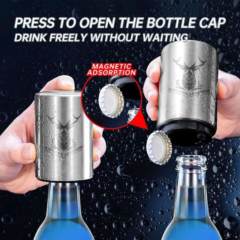 Automatic Beer Bottle Opener 2PCS with Magnetic Cap Openers, Stainless Steel Push Down and Pop Off One Handed Opening Bottle Openers for Kitchen Home, Bar Restaurant, Bartender abridor de cerveza