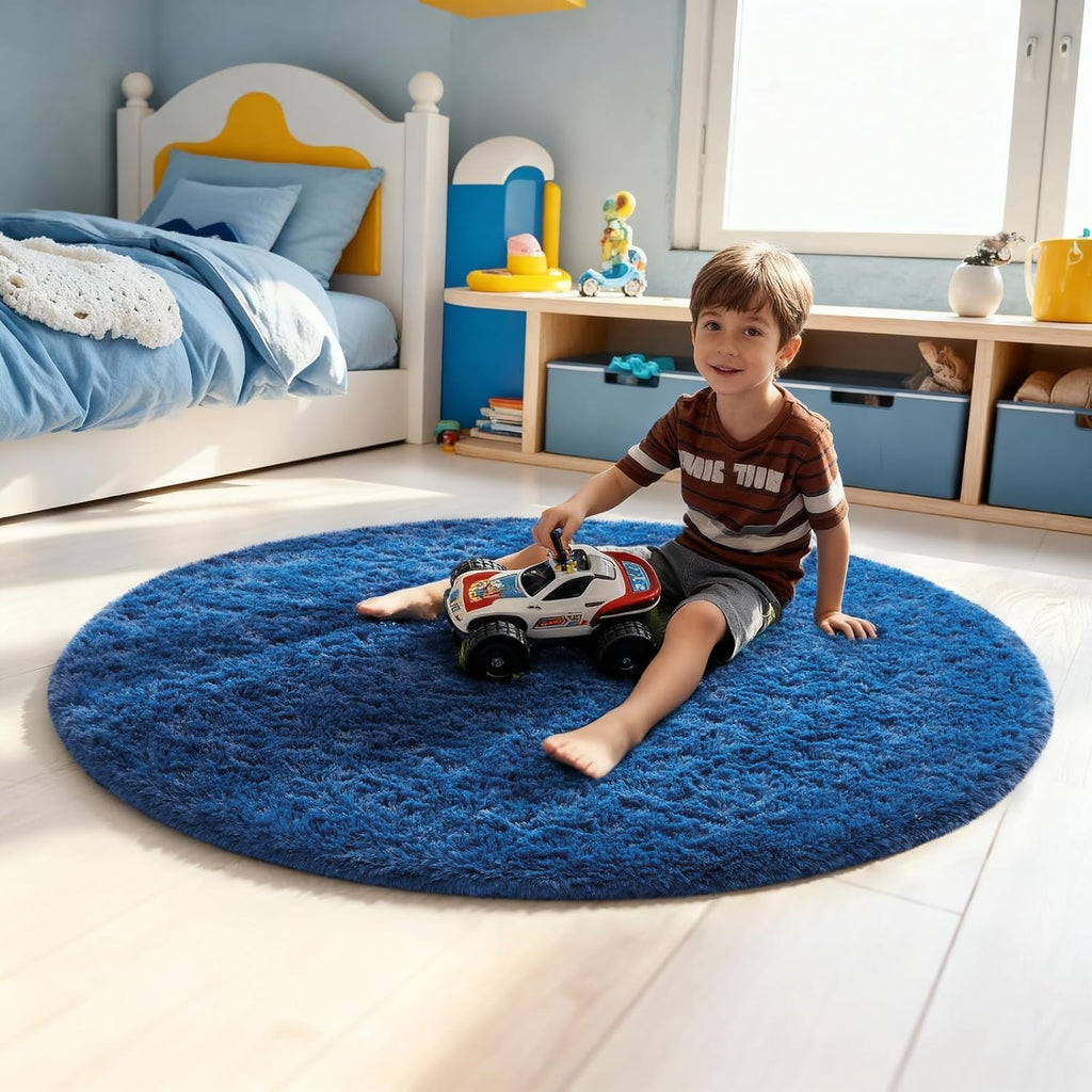 Ophanie Blue Round Rug - 4Ft Circle Area Rug for Boys Room | Fluffy Plush Soft Carpet for Kids' Decor