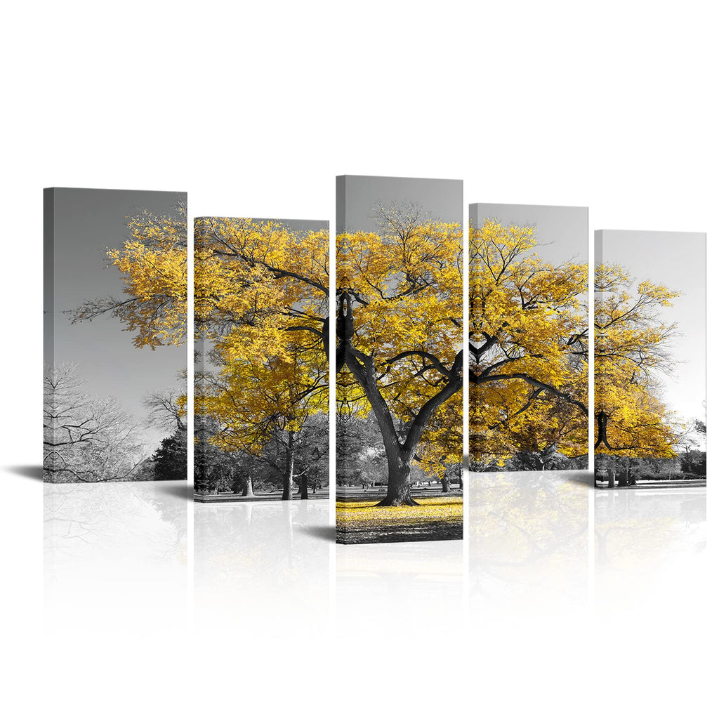 Visual Art Decor 5 Pieces Canvas Painting Prints Large Autumn Yellow Tree in Black and White Fall Landscape Home Office Wall Decoration Framed Wall Decor Artwork
