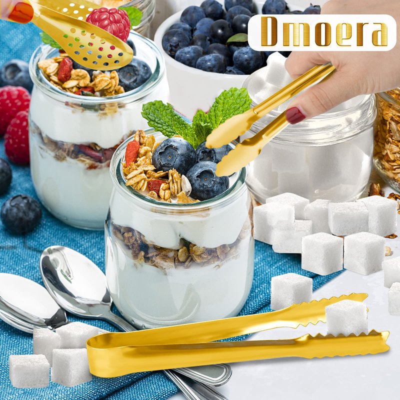12 Pack Gold Premium Small Serving Tongs, Dmoera Mini Stainless Steel Appetizer Tongs, 5 Inch(12.7cm)