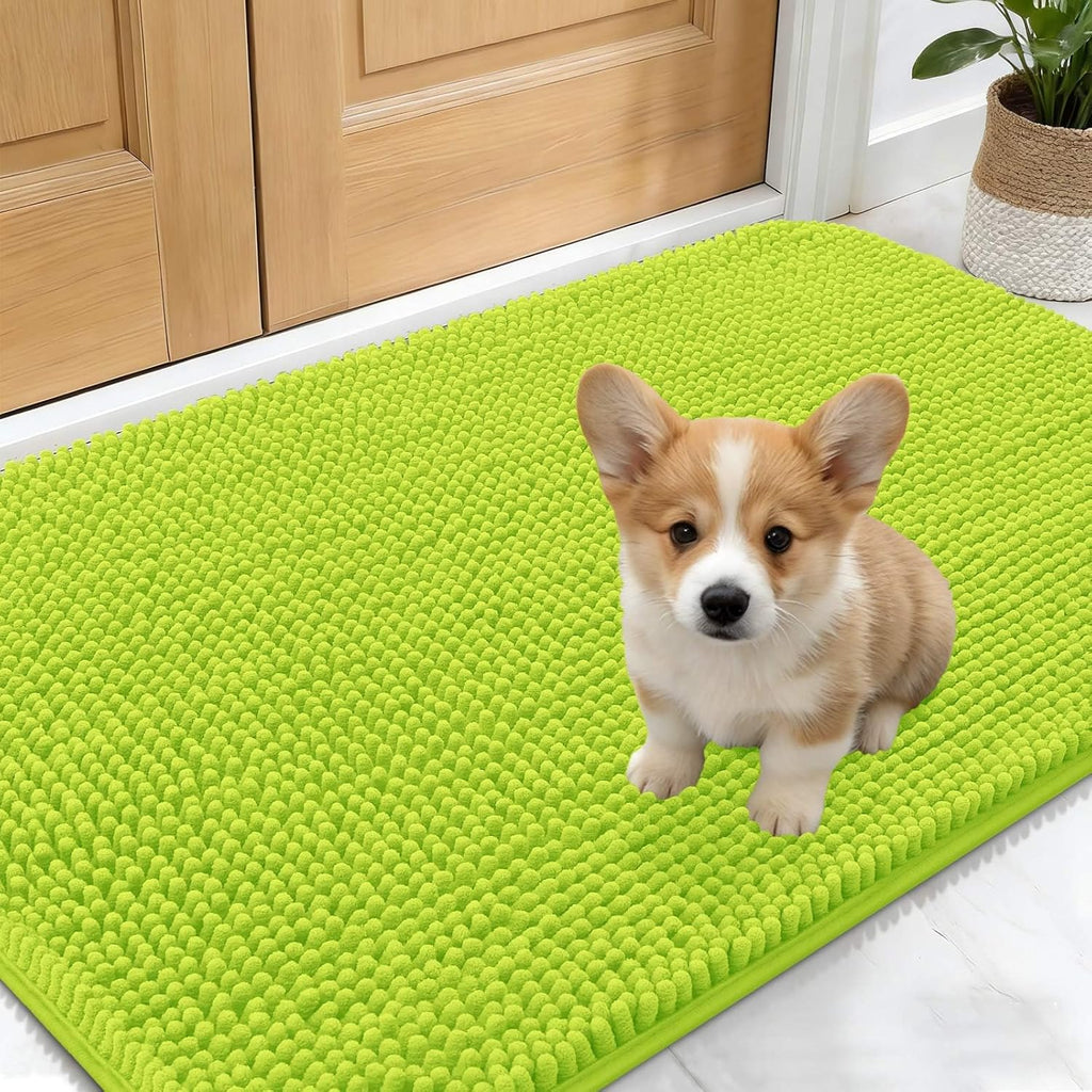 OLANLY Dog Door Mat - Absorbent Non-Slip Washable Chenille Mat for Muddy Paws | 24x16 Bright Green