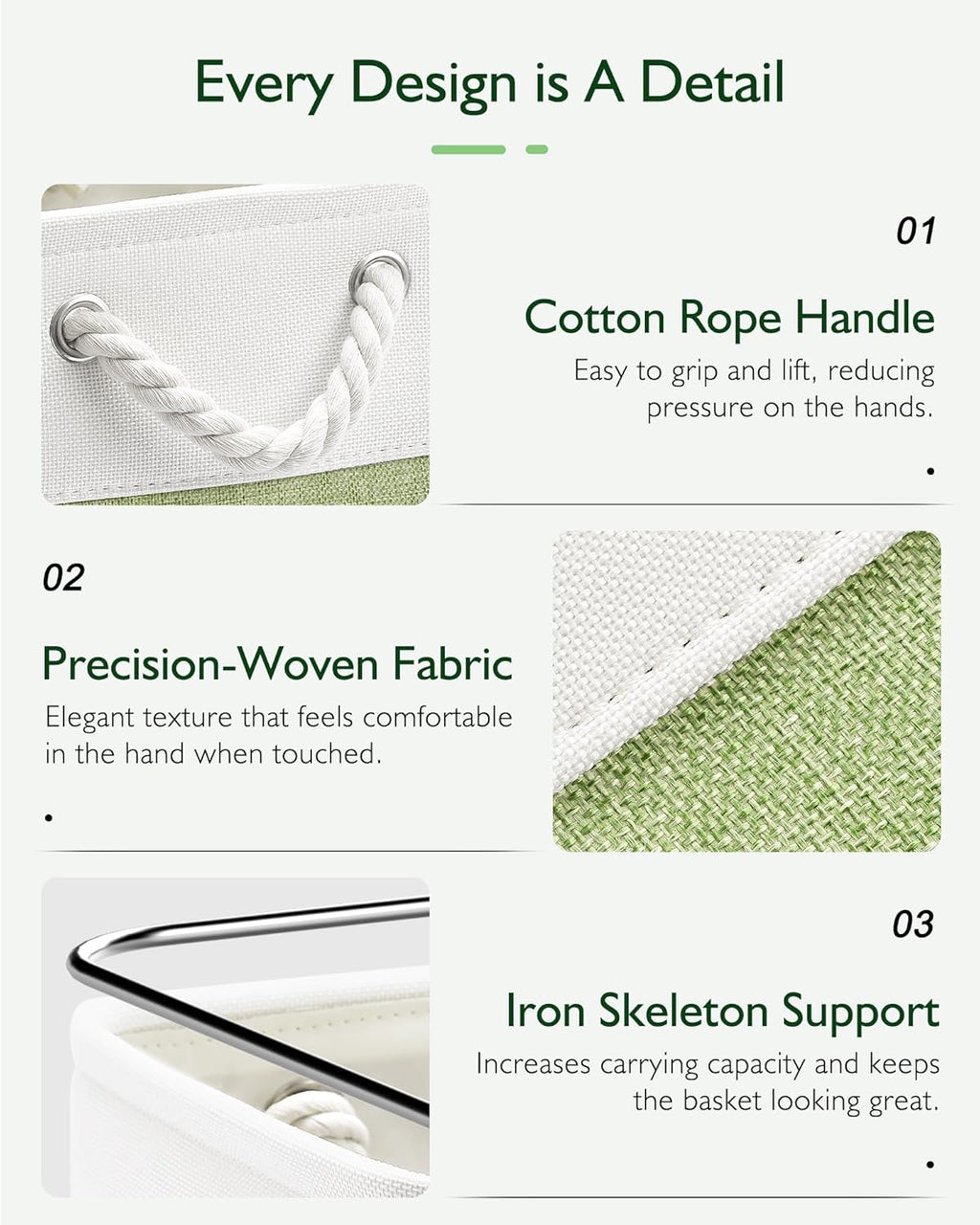 Patvingot 11-Inch Cube Storage Bins - 6 Pack Fabric Organizer Baskets with Rope Handles | White/Green