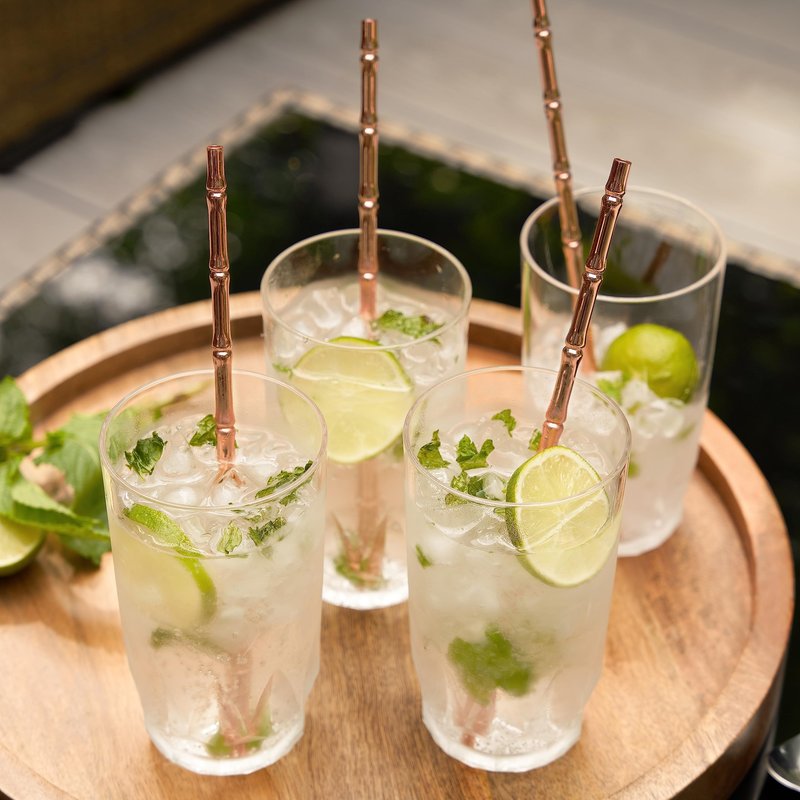 Viski Stainless Steel Cocktail Straws - Reusable Copper Bamboo Tiki Straws- Eco-Friendly Bamboo Finish Metal Drinking Sipper 9.5 Inch, Set of 4