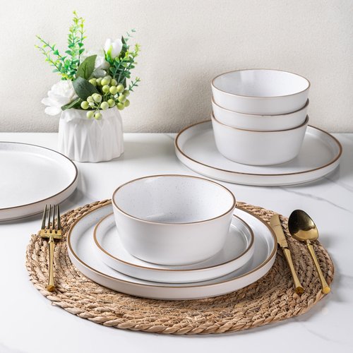 AmorArc Dinnerware Set for 6, 18 Pieces Ceramic Plates and Bowls Set, Handcrafted Speckled Stoneware Plates, Dishwasher & Microwave Safe Dishes - (White, Service for 6)