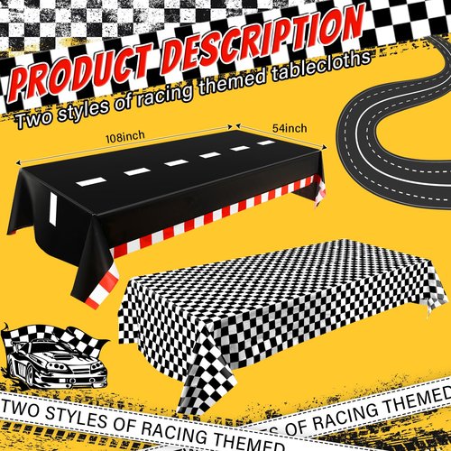 Breling 4 Packs Car Birthday Party Decorations Plastic Car Table Cloth Two Fast Disposable Race Road Checkered Party Supplies Race Theme Party Favors for Birthday, 54 x 108 Inch