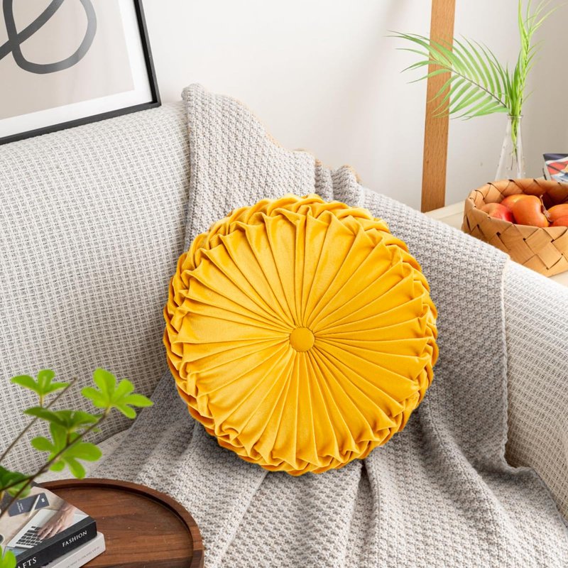 XIXILILI Off-White Round Velvet Pillow, 15" Diameter Pleated Handmade Throw Pillows, Decorative Pumpkin Pillows Cushion for Bed, Car, Couch, Or Chair