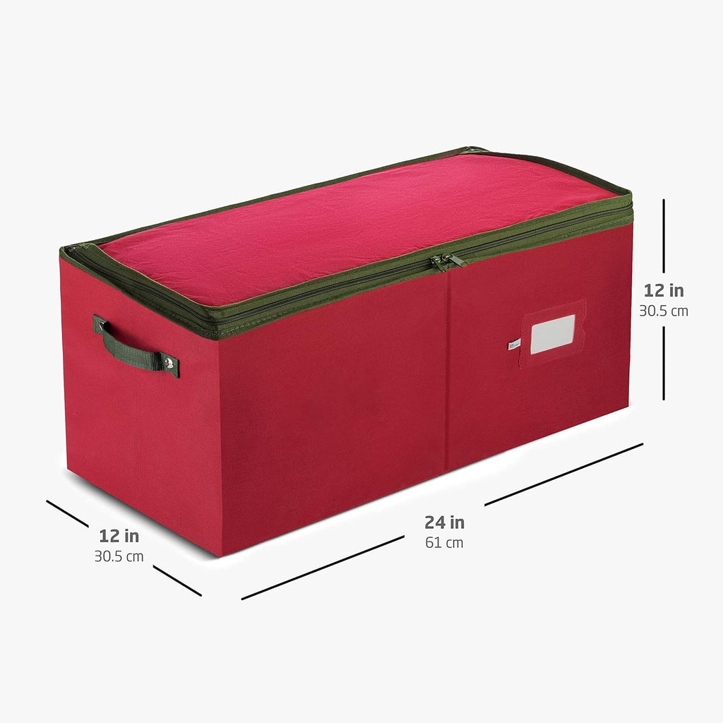 ZOBER Large Christmas Ornament Storage Box - Organizes 54 4" Ornaments with Dividers - Durable Red Container