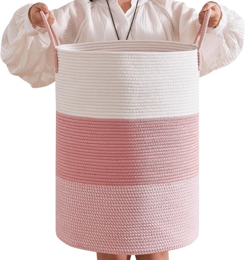 CLHMILY&Z 80L Round Laundry Basket - Stylish Pink Storage Hamper for Blankets, Toys & Nursery Essentials | 16.5x22.5 Inches