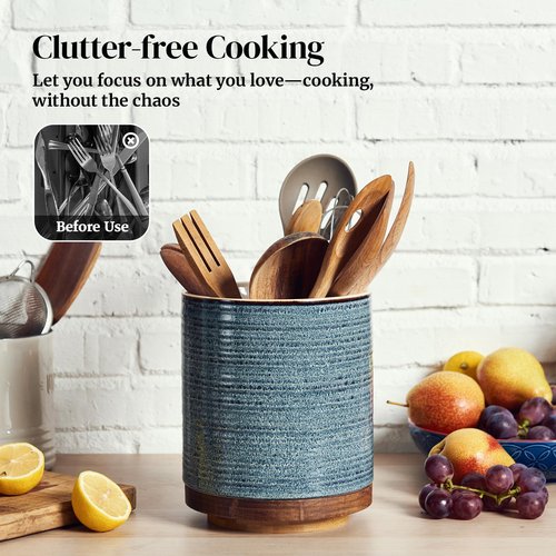 DOWAN 360° Rotating Extra Large Cooking Utensil Holder, 7.6" Kitchen Utensil Holder for Countertop, Utensil Crock for Farmhouse Kitchen Decor, Ceramic Stable Utensil Caddy, Blue
