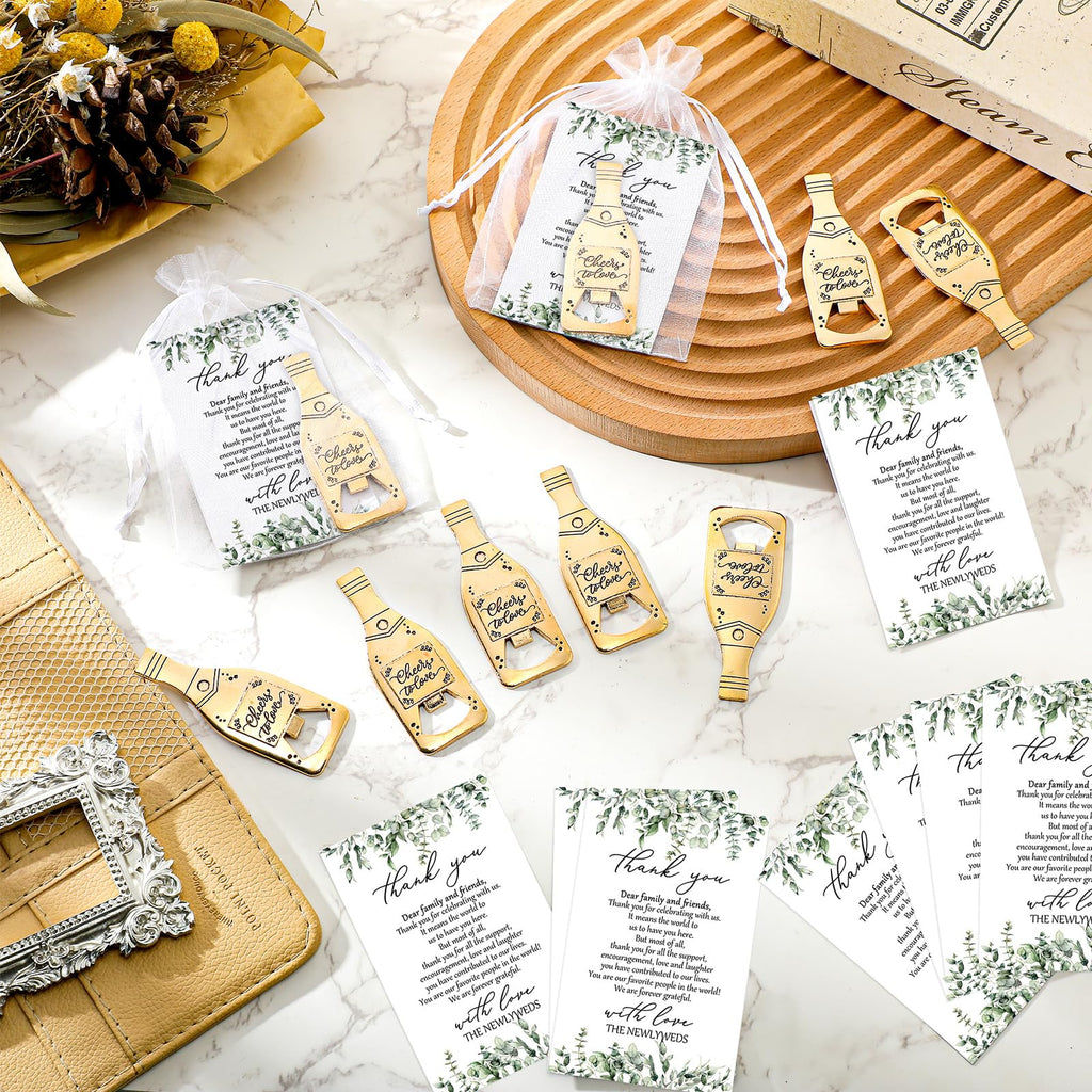 Suclain 25 Sets Wedding Favors for Guests Bulk Wedding Souvenirs Include Cheers to Love Bottle Openers Thank You Cards and Organza Bags Bridal Shower Gifts Decorations