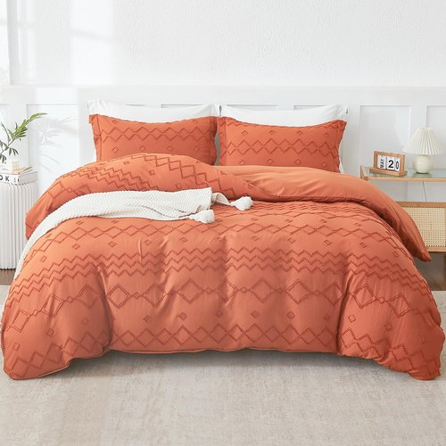 EMME Duvet Cover Set Microfiber, Tufted King Duvet Cover Set, Boho Bedding Sets for All Seasons, 3 Pieces Embroidery Chic Duvet Cover Full, 1 Duvet Cover + 2 Pillowcases (Pumpkin, King)
