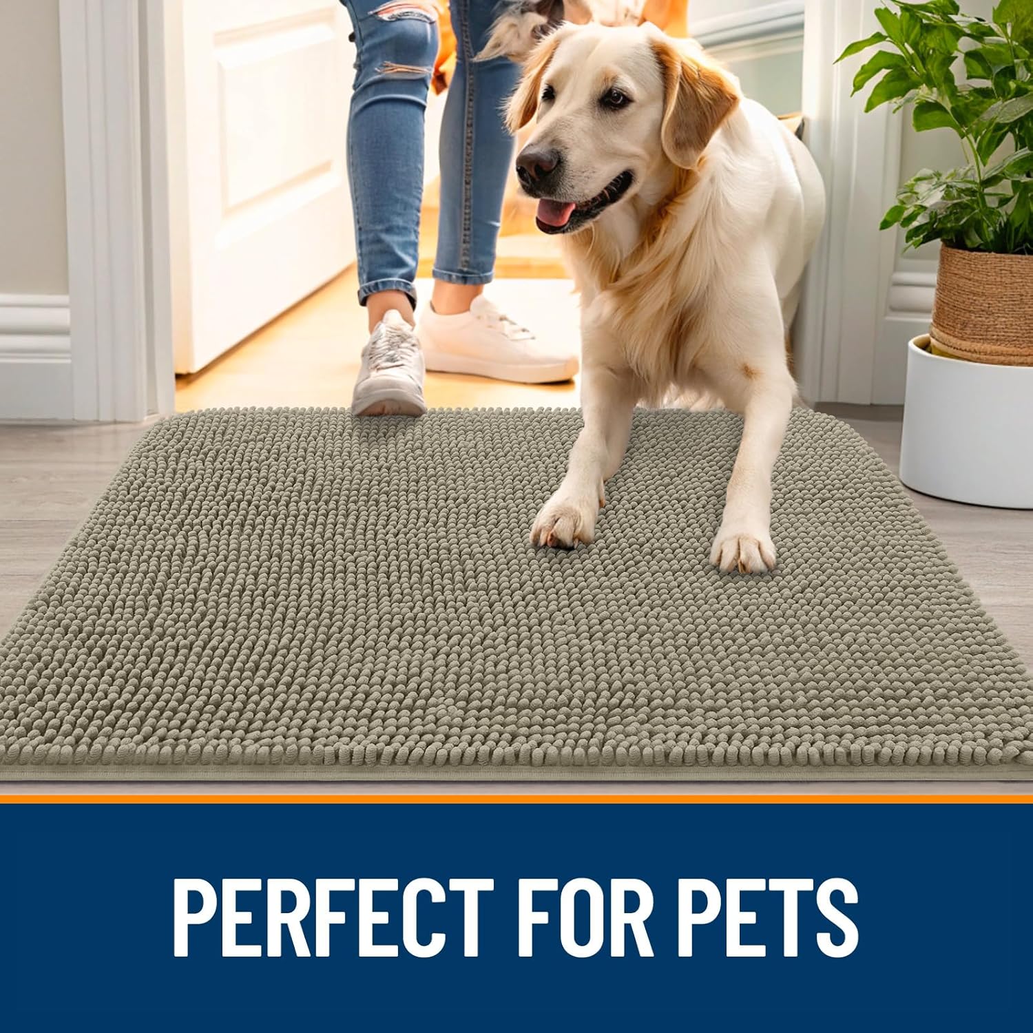OLANLY Dog Door Mat - Absorbent Non-Slip Chenille Mud Mat for Muddy Paws | 59x20 Warm Taupe