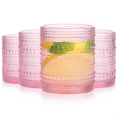 abrwyy Pink Drinking Glasses Set of 4, 10 oz Hobnail Drinking Glasses - Pink Vintage Glassware for Beer, Cocktail, Soda, Juice, Coffee and Various Mixed Drinks