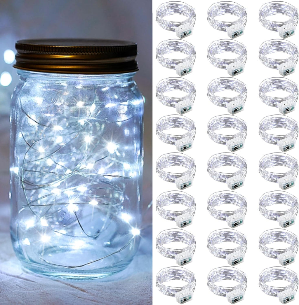 Skiennix 24-Pack Fairy Lights | 7Ft 20 LED Twinkle String Lights - Battery Operated & Waterproof for Weddings, Parties, and Home Decor - Cold White