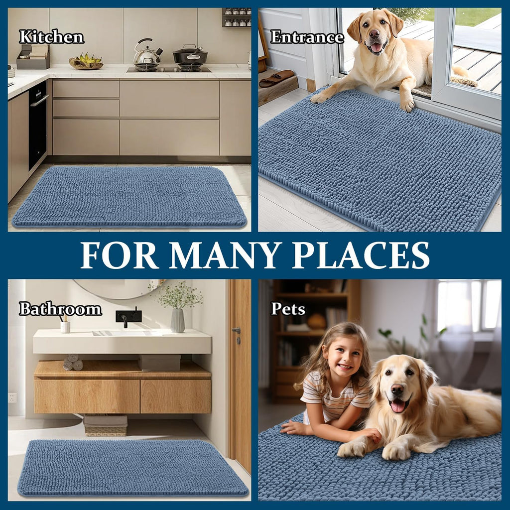 OLANLY Dog Door Mat - Absorbent Non-Slip Chenille Mat for Muddy Paws | Quick Dry 24x16, Airy Blue