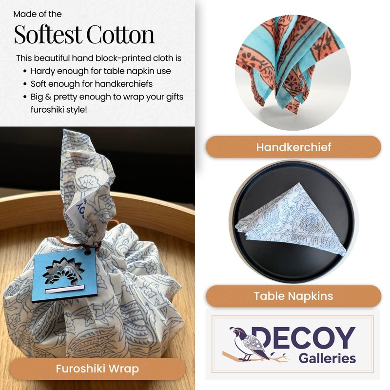 Decoy Galleries Reusable Cotton Napkin – Artisan Block-Printed Napkin with Floral Accents | Soft, Washable & Timeless Dining Table Décor for Everyday Gatherings (Blue Lotus | Set of 6)