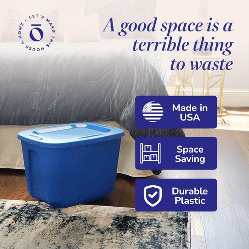 HOMZ 10 Gallon Durable Molded Storage Bins - Stackable Plastic Containers with Lids, Blue | 4-Pack for Home Organization