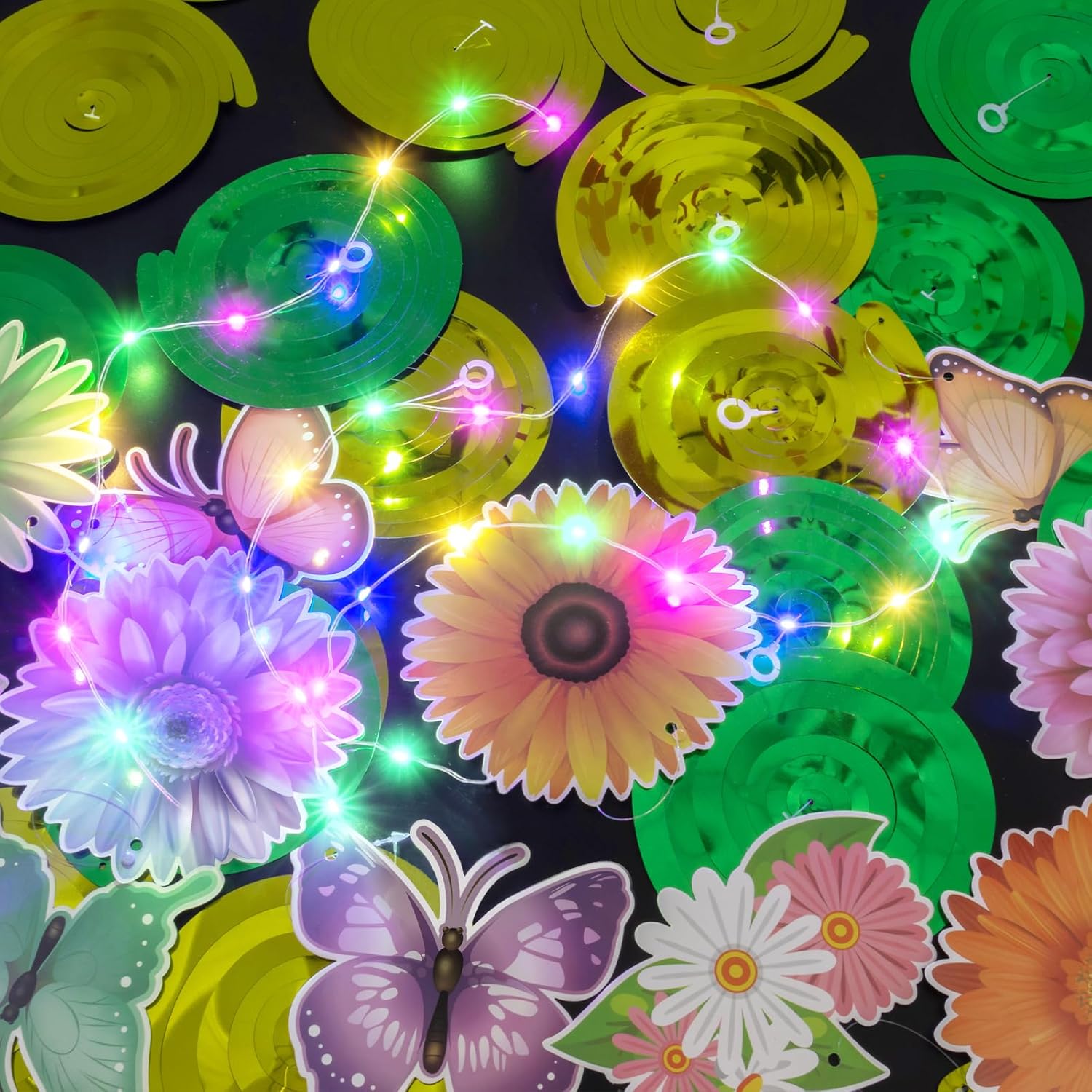 Skiennix 33-Piece Spring Hanging Decorations | LED Flower & Butterfly Swirls for Easter Parties