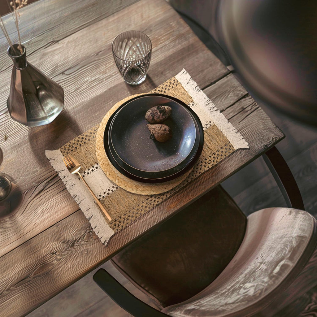 Phantomon Boho Placemats Set of 4 with Wooden Bead Napkin Rings - Natural Cotton, Burlap Rectangular Mats and Handmade Straw Woven Round Placemats for Farmhouse Dining Table or Kitchen Decor