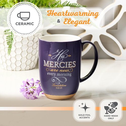 His Mercies are New Purple Ceramic Coffee Mug with Exposed Clay Base - Lamentations 3:22-23