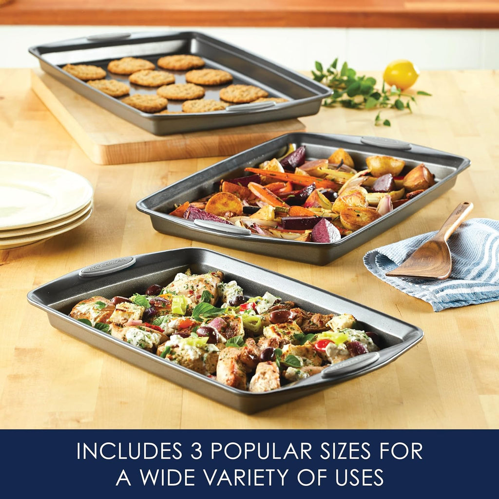 Rachael Ray Nonstick Bakeware Set - 3-Piece Cookie Sheets with Grips in Gray & Sea Salt Gray