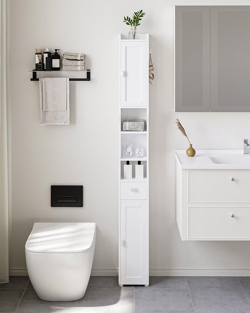 HEXCELEN Bathroom Storage Cabinet, Narrow Tall Bathroom Cabinet, Freestanding Floor Cabinets with 2 Doors and 1 Drawer, Toilets Organizer with Adjustable Shelf, 1 Hook for Small Spaces, White